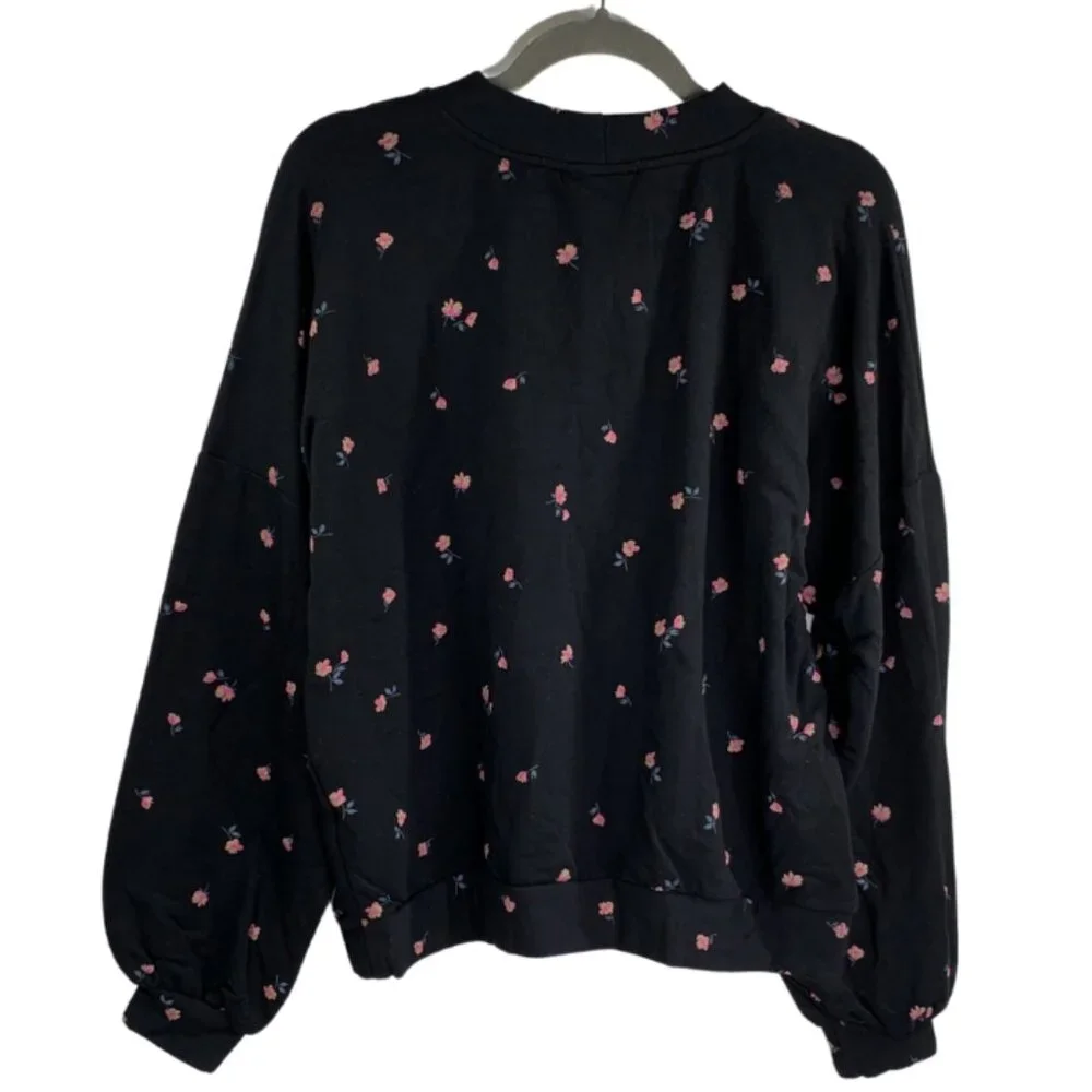 Amour Vert Ebele Floral Printed Luxe Fleece Sweatshirt Top Black Size XL NWT - Picture 2 of 8